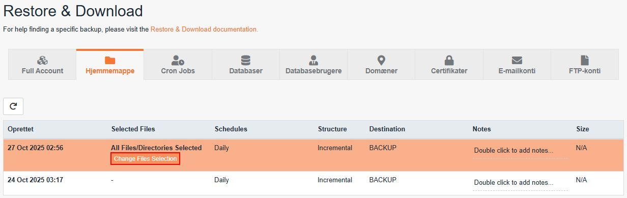 Vaelg dato for backup