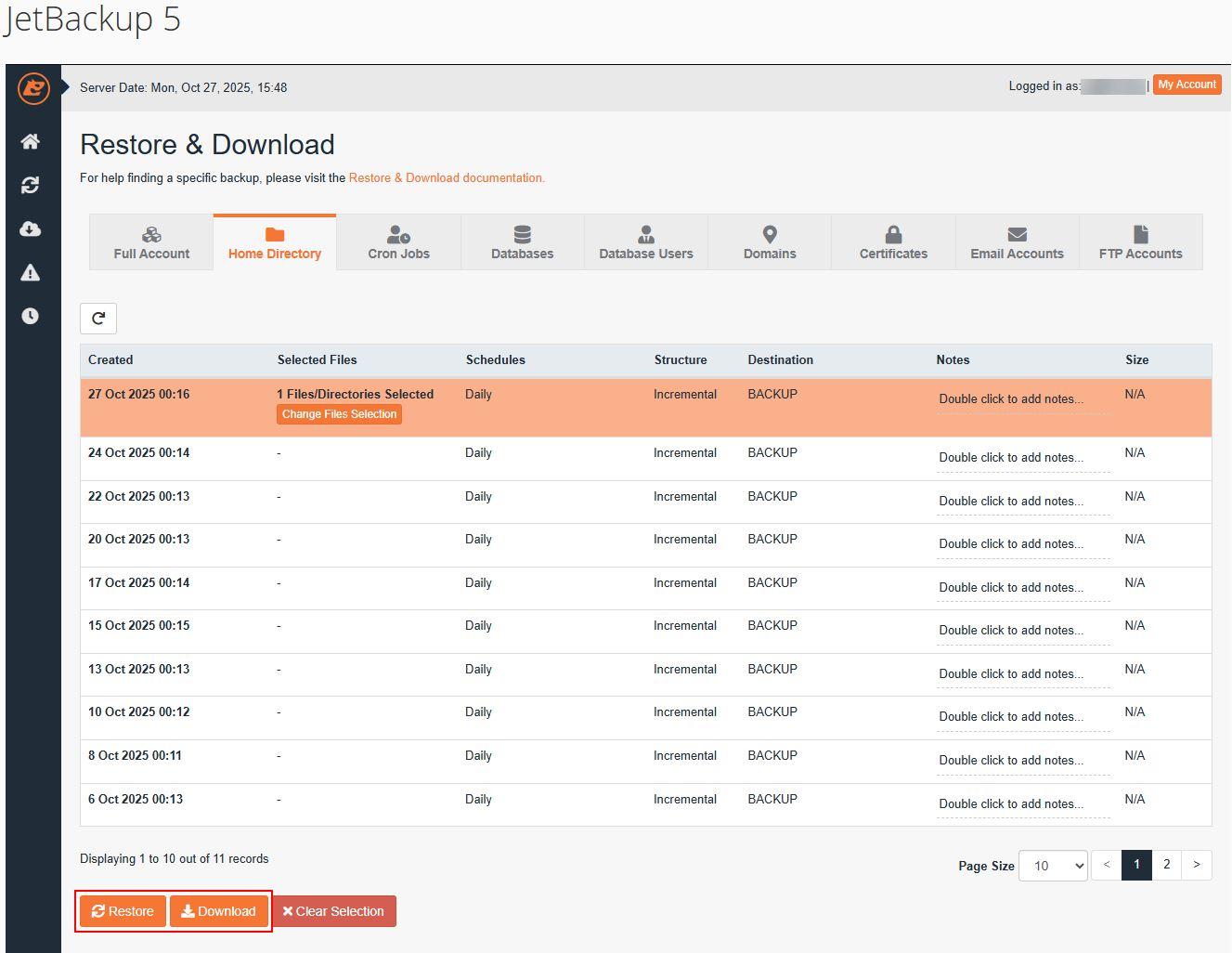 Vaelg restore eller download
