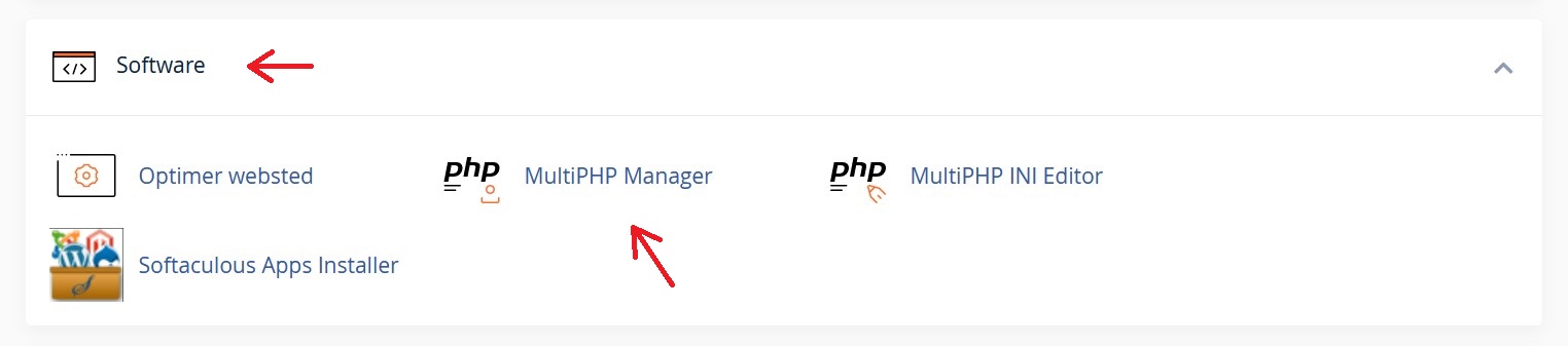 Du skal tigå cPanel - Dashboard. Her ksal du vælge MultiPHP Manager.